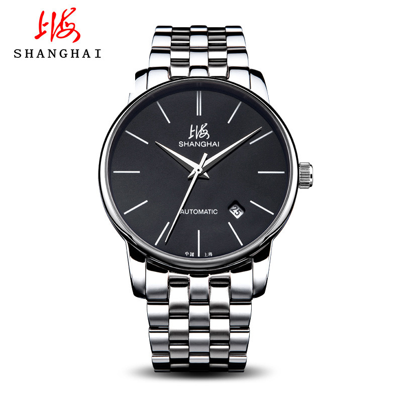 上海手表 自动机械表 情侣表精钢大表盘日历休闲时尚腕表X751 白钢黑面男