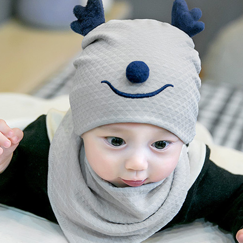 贝迪牛+新生儿胎帽婴儿帽 男女宝宝帽三角巾套装 均码（0-12个月） 灰色鹿角2件套