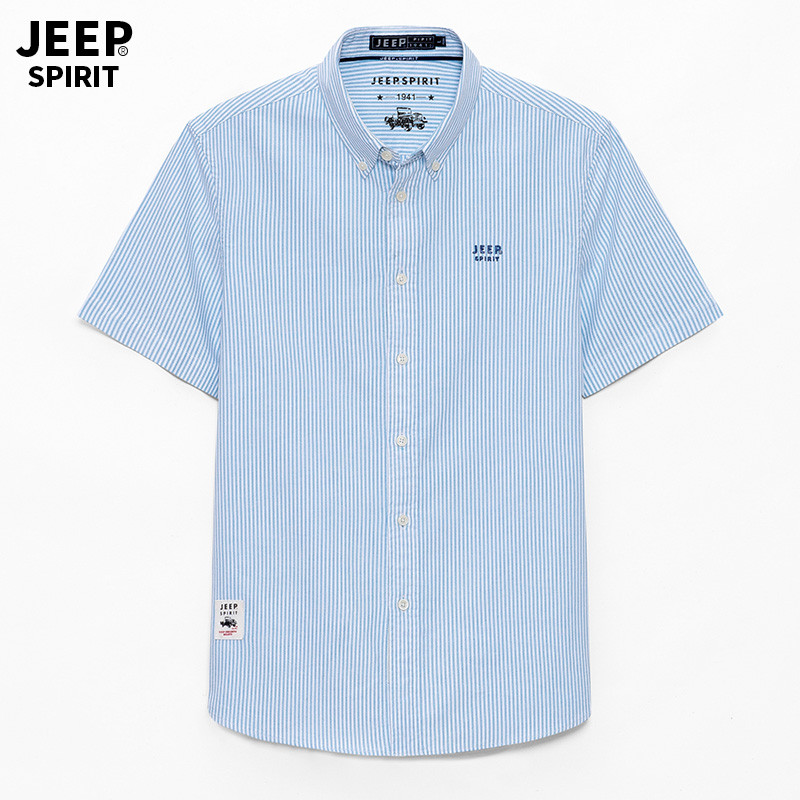 Jeep吉普旗艦店官方竖条纹衬衫男短袖夏季商务休闲短袖衬衣 XL 蓝色