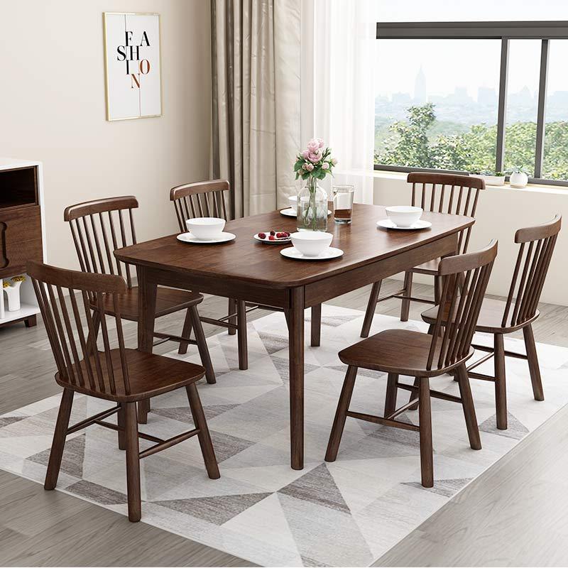 一米色彩 实木餐桌椅组合 饭桌 北欧简约现代橡胶木质原木色1.3米1.5米1.6M小户型日式宜家家用 餐厅家具 1.2米一桌六椅丨胡桃色