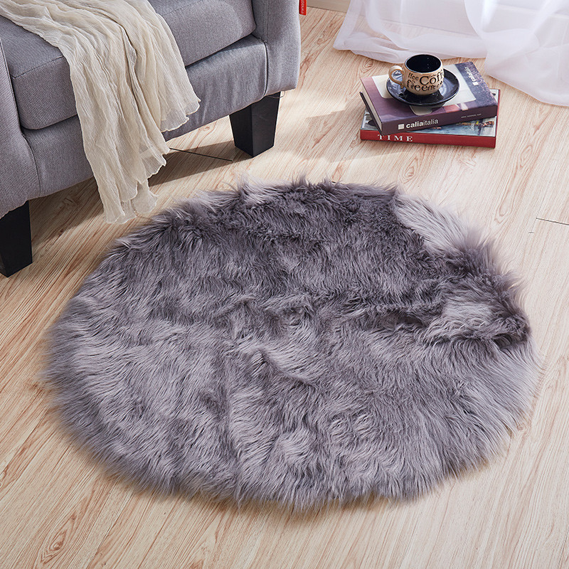 仿羊毛白色圆形地垫电脑椅梳妆台卧室床边长毛装饰拍照毛毛地毯_1 直径90厘米 深灰色