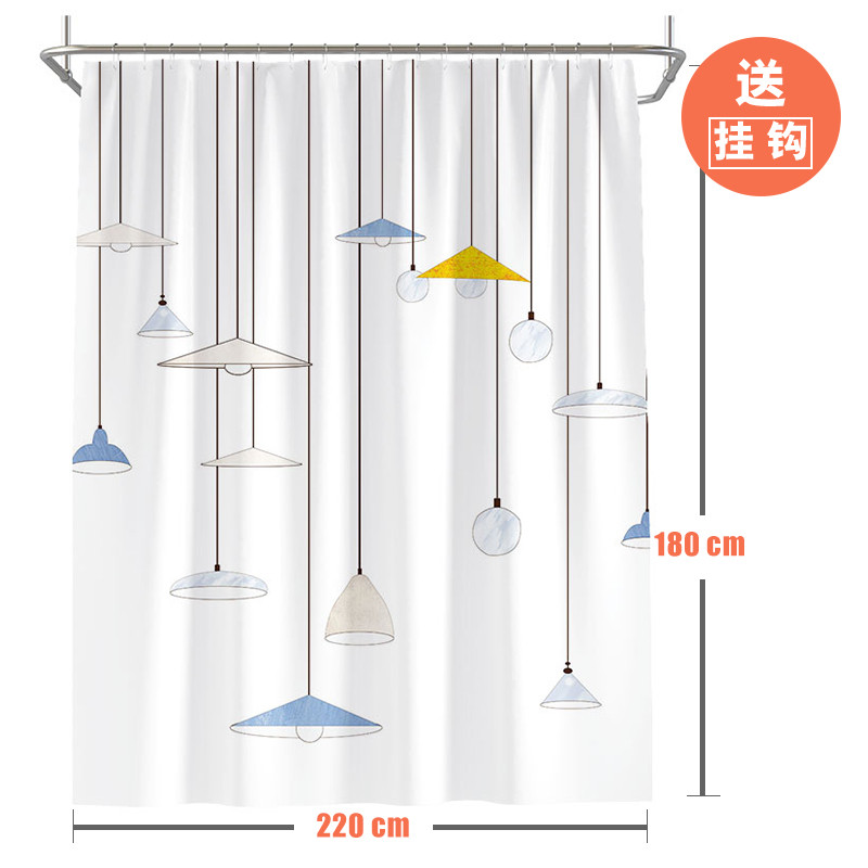 北欧风格ins浴帘简约浴室隔离防水帘子洗澡卫生间隔断免打孔套装_2 默认尺寸 文艺暖光灯浴帘宽220高180送钩