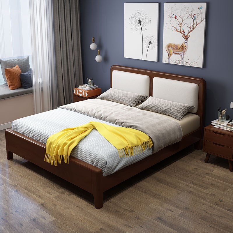一米色彩 床 实木床 北欧双人床 现代简约白皮软靠1.8米原木1.5M宜家日式主卧床 卧室家具 1.5米床+床垫丨胡桃色