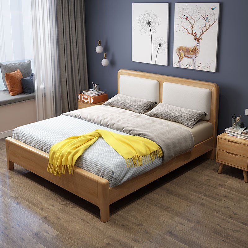 一米色彩 床 实木床 北欧双人床 现代简约白皮软靠1.8米原木1.5M宜家日式主卧床 卧室家具 1.5米单床丨原木色