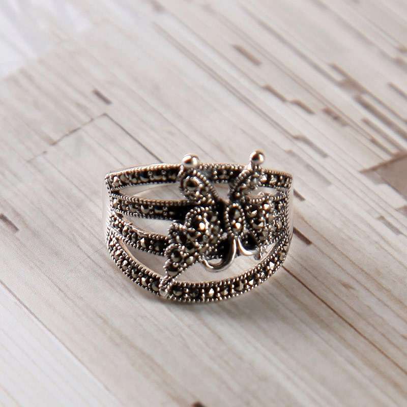 银复古镶钻蝴蝶飞舞女士戒指byr 0014-16 #