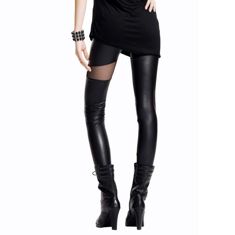 七格格 女装欧美个性网纱显瘦黑色PU仿皮女士