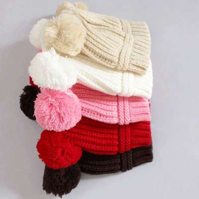 丽婴莱 新款儿童帽子 婴儿套头帽 宝宝双球毛线