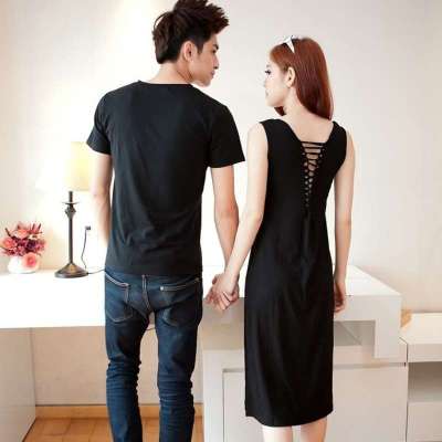 嘉沫 韩版情侣装夏装黑色简约男款T恤女款连衣