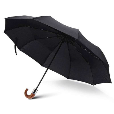 木弯柄加大男士商务伞 纯黑全自动折叠雨伞 黑