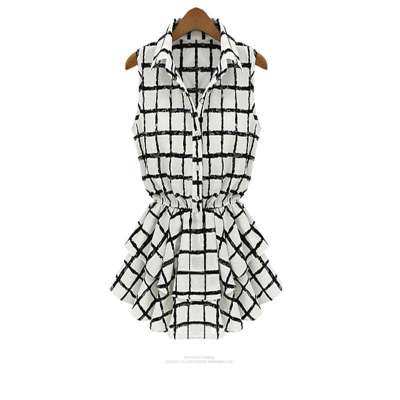 美新款春夏无袖翻领套头雪纺松紧腰黑白格子上