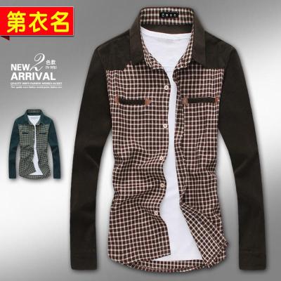 第衣名旗舰店男士长袖<em>格子</em>条纹拼接<em>衬衫</em>绿<em>咖啡</em>
