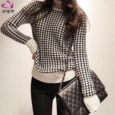 【纤倍俪服饰】韩版黑白格套头高领毛衣 大码