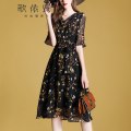 歌依澜(geyilan)品牌 2018夏装新款女装时尚气质雪纺印花中长连衣裙子