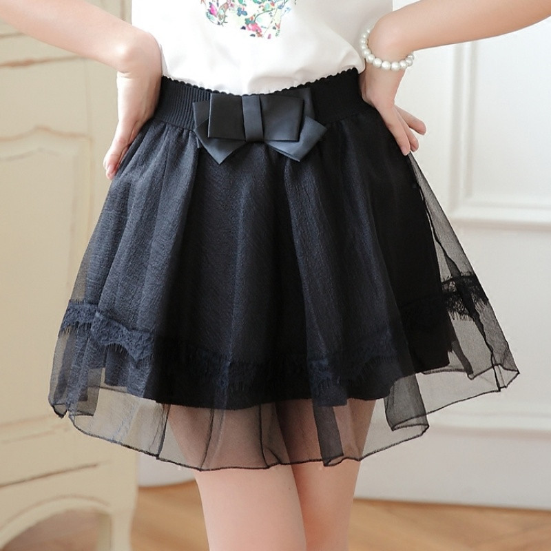 新款上市】纱裙夏女白色蕾丝高腰学生欧根纱百褶a字裙蓬蓬裙裤裙短裙