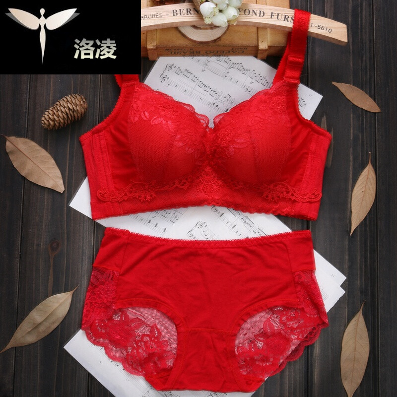 女士无钢圈性感本命年大红色套装结婚新娘内衣内裤聚拢胸罩_1 36/80b