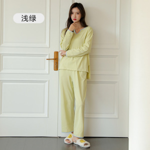 Jusen Shayu女士睡衣女全棉长袖感下摆开叉气质大码家居服春秋女