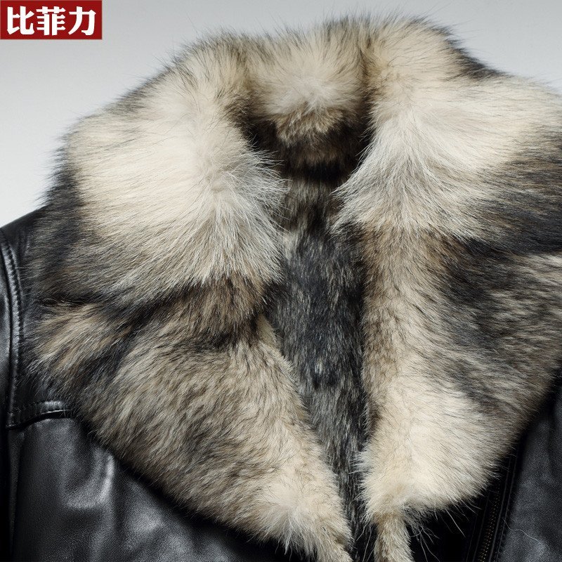 比菲力男式皮衣狼毛内胆皮毛一体男翻领真皮皮衣中长款皮大衣皮草