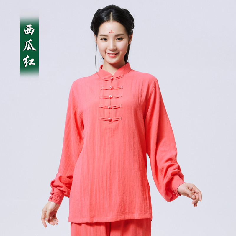 山人运动春秋款太极服女棉麻长袖太极拳服装晨练表演武术服女款练功服