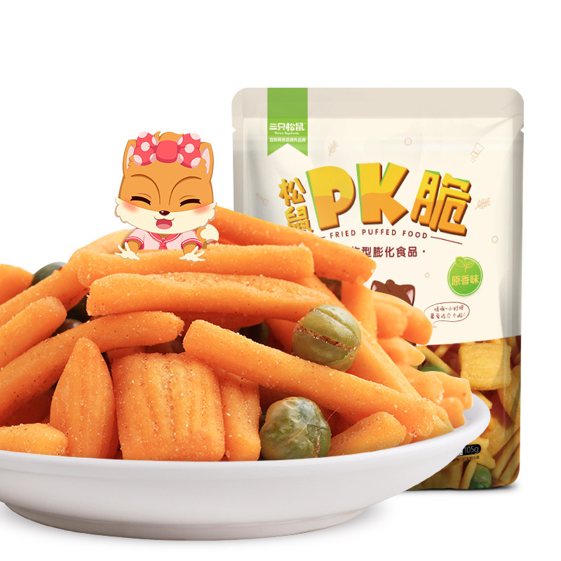【三只松鼠_松鼠pk脆105gx3袋】零食膨化休闲食品什锦
