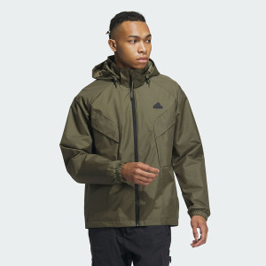 adidas Urban Outdoor Jacket 纯色Logo标识运动休闲连帽夹克外套 男款 橄榄绿 IS0451