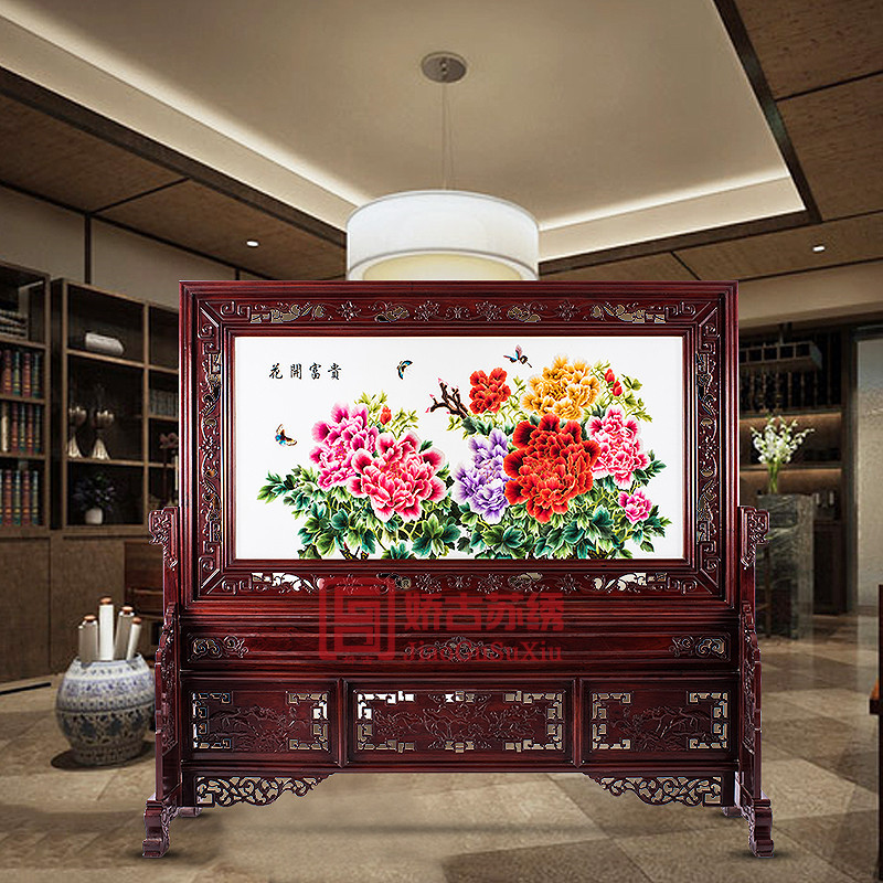 娇古双面绣屏风花开富贵手工刺绣牡丹图大型落地屏风家用中式装修