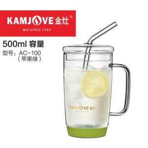 KAMJOVE/ 金灶 AC-100 吸管杯成人 玻璃茶杯 办公室茶具 全玻璃创意花茶杯 带盖玻璃水杯 泡茶杯500ML