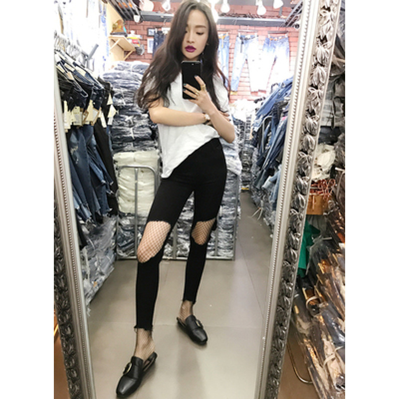 娇米诗2017夏季新款黑色大破洞配网袜牛仔裤女九分紧身帅气个性小脚铅