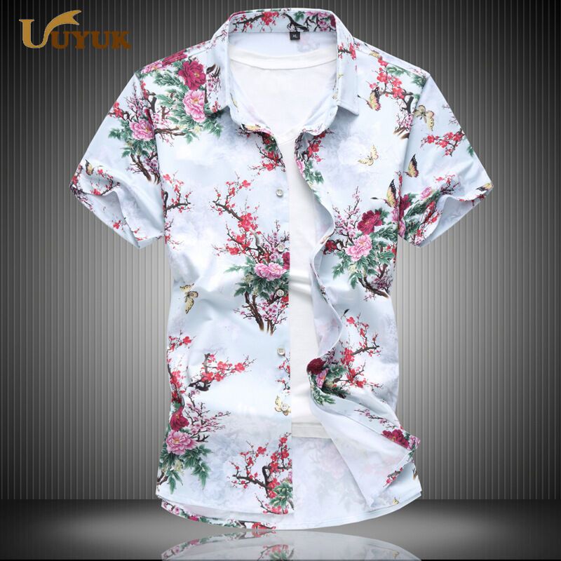 UYUK夏季花衬衫男短袖碎花中年加肥加大码宽