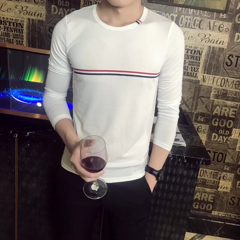 UYUK秋季男装长袖T恤彩虹条纹打底衫织带装