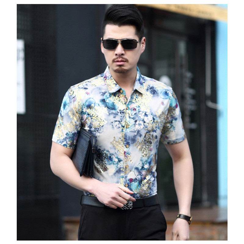 情娇婷2017夏季花衬衫男短袖桑蚕丝大码宽松