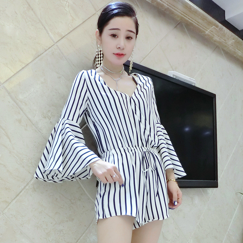 琳朵儿2017条纹连体裤女夏宽松高腰短裤v领收