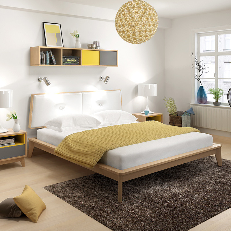 北欧彩色个性实木床现代简约单双人床原木现代床头柜卧室家具组合