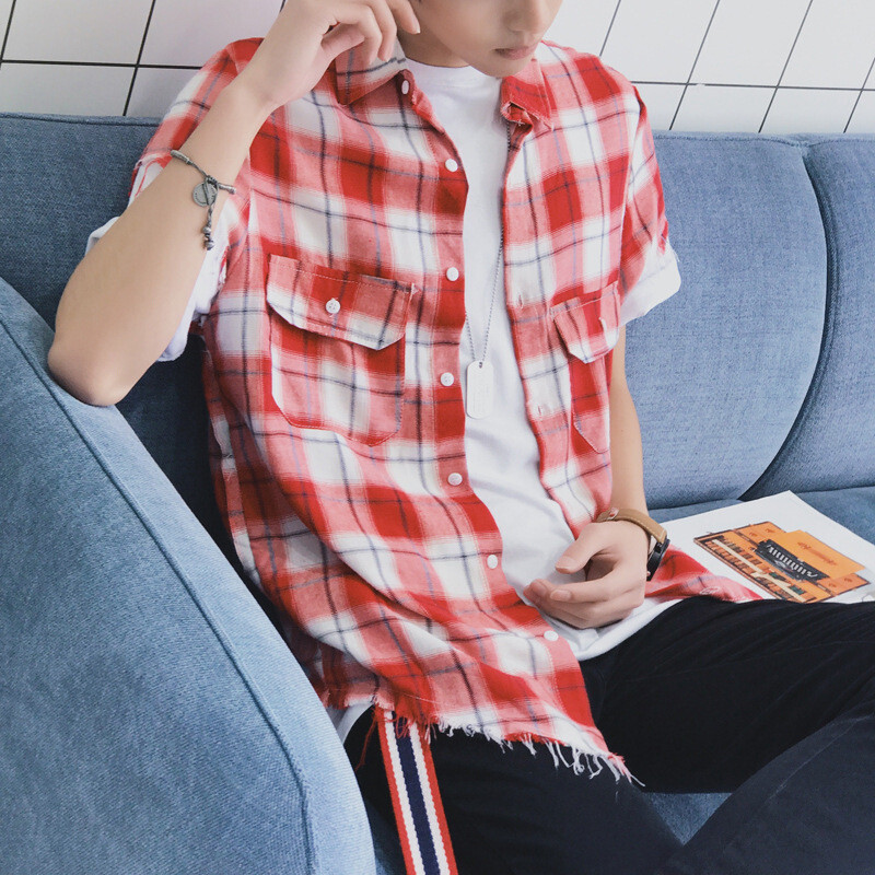 新款夏装百搭宽松格子外穿衬衣男帅气韩范衣服