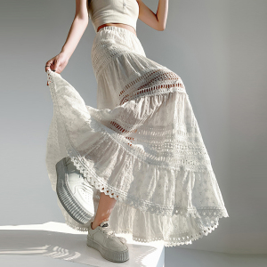 班俏BANQIAO 白色芭蕾风半身裙女夏季仙女蛋糕裙设计感镂空花边a字长裙