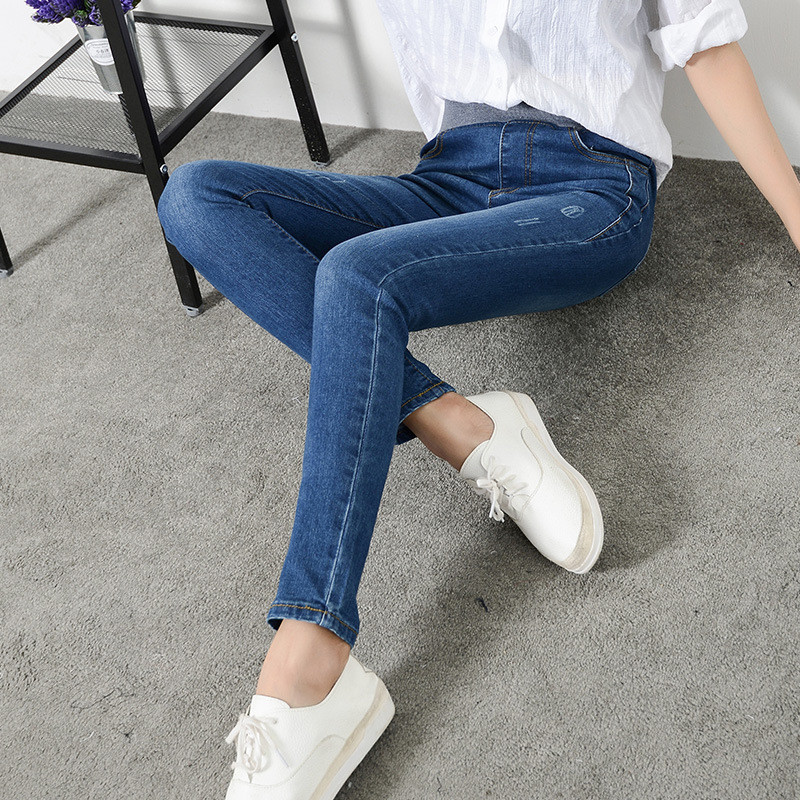 蔚缇2017弹力松紧腰蓝色铅笔裤小脚牛仔裤长