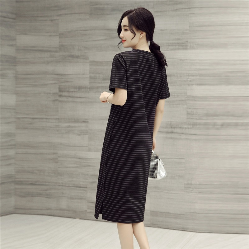 2016夏季新款女士条纹印花长t韩版修身显瘦短袖连衣裙