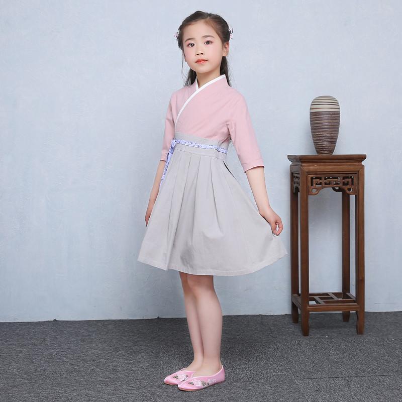 儿童古装女汉服春棉麻套装襦裙改良中国风古筝
