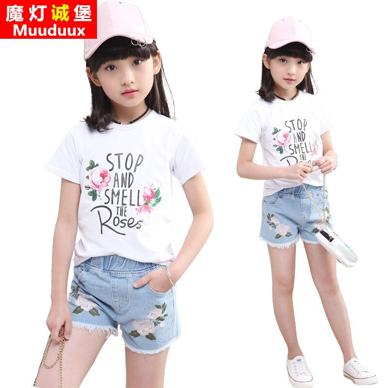 女童短袖套装夏字母ROSE牛仔短裤两件套儿童
