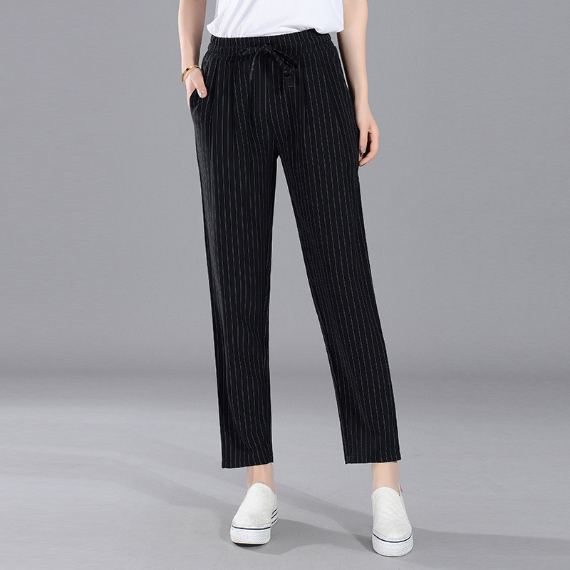 娇诗朵夏新款春季黑白条纹九分休闲裤女松紧腰抽绳学生沙滩宽松哈伦裤潮 娇诗朵(jiaoshido)女士休闲裤【价格 图片 品牌 报价】-苏宁易购娇诗朵旗舰店