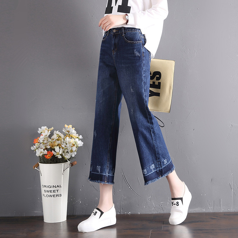 2018春款宽松牛仔裤阔腿显瘦韩版ins软妹直筒毛边女九