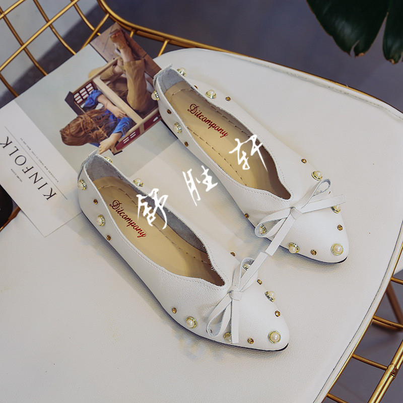 韩版蝴蝶结单鞋平底鞋2017夏珍珠水钻中空套