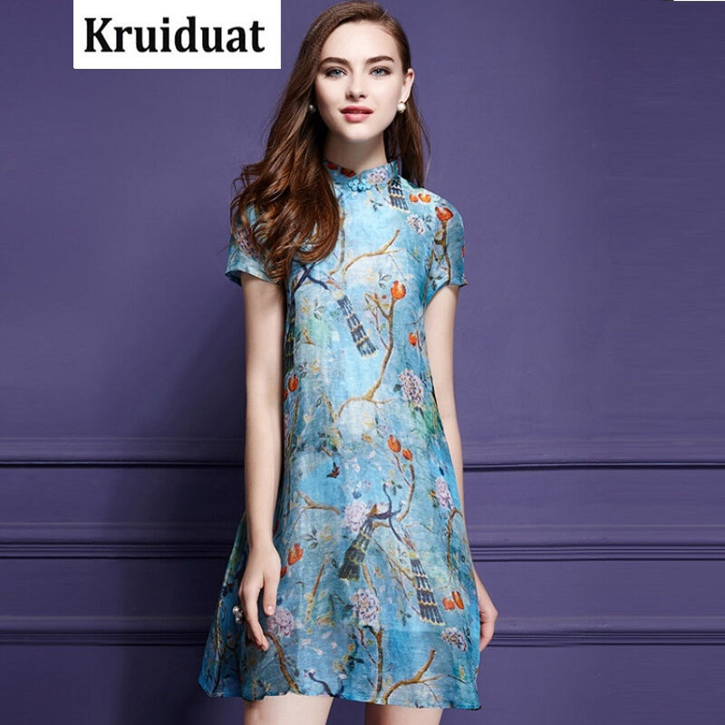 Kruidvat2017新款复古改良旗袍印花短袖仿真丝