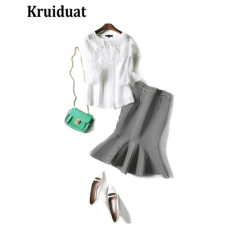 Kruidvat时尚套装2017新款淑女雪纺衫条纹包臀