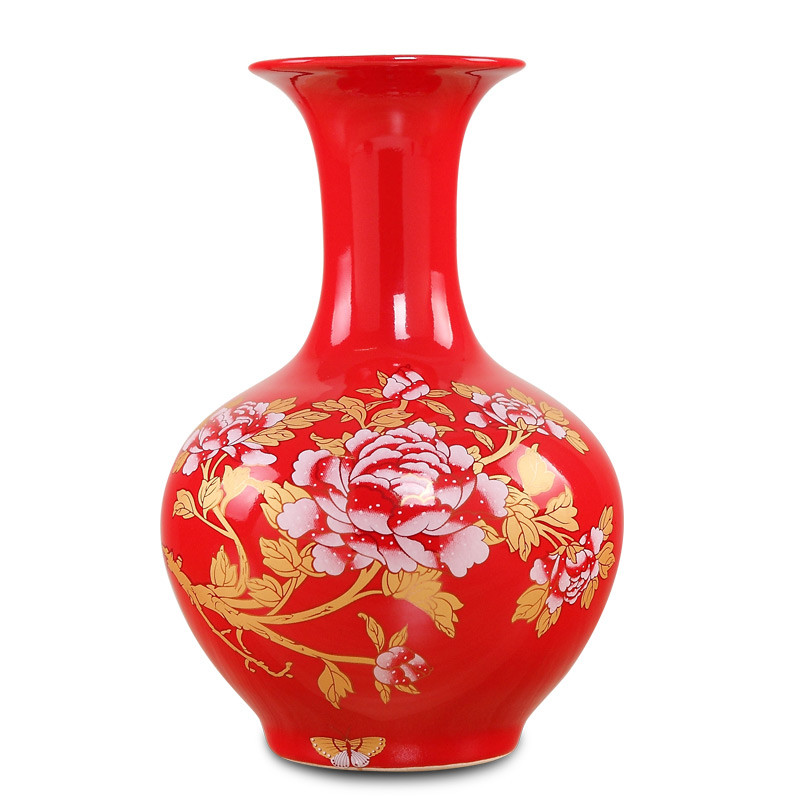 中国风红色花插花瓶 景德镇陶瓷器艺术品 中号客厅个性结婚礼物摆件