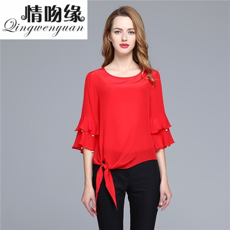 情吻缘2017春夏季新款女装上衣喇叭袖七分袖