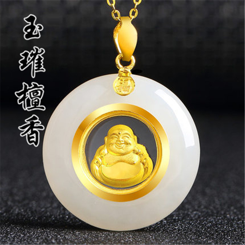 玉璀檀香 金镶玉吊坠 时来运转玉佛玉坠项福字链玉石挂件女款