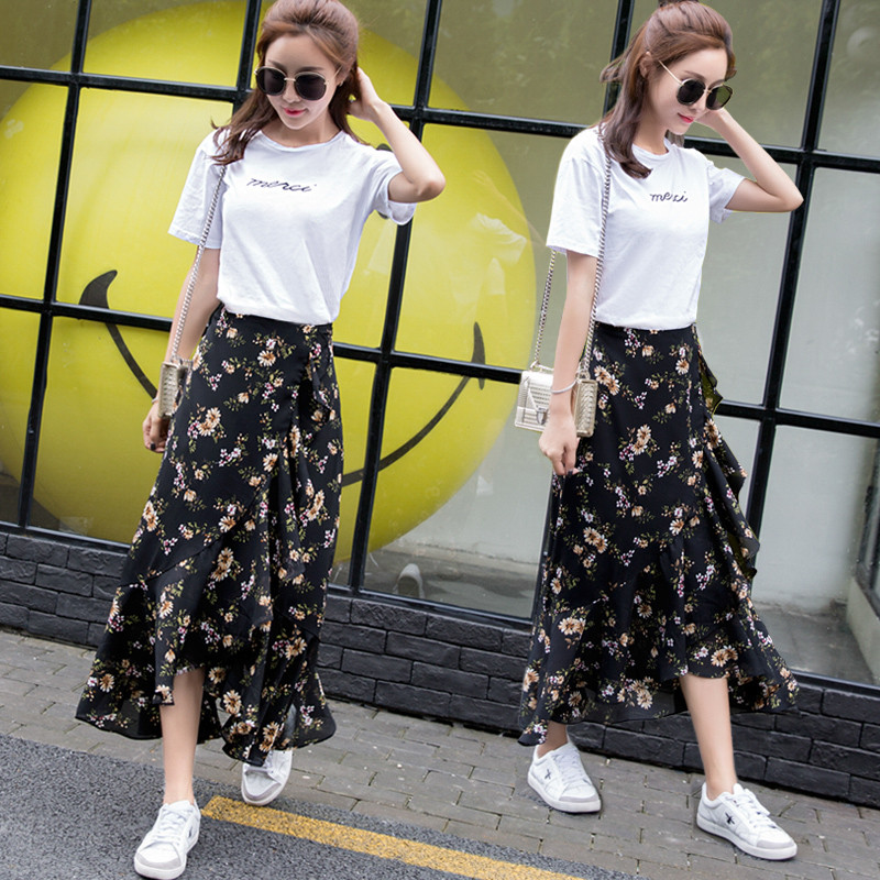 624款2017夏装高腰雪纺碎花半身裙鱼尾a字裹裙长裙不规则chic风裙子女