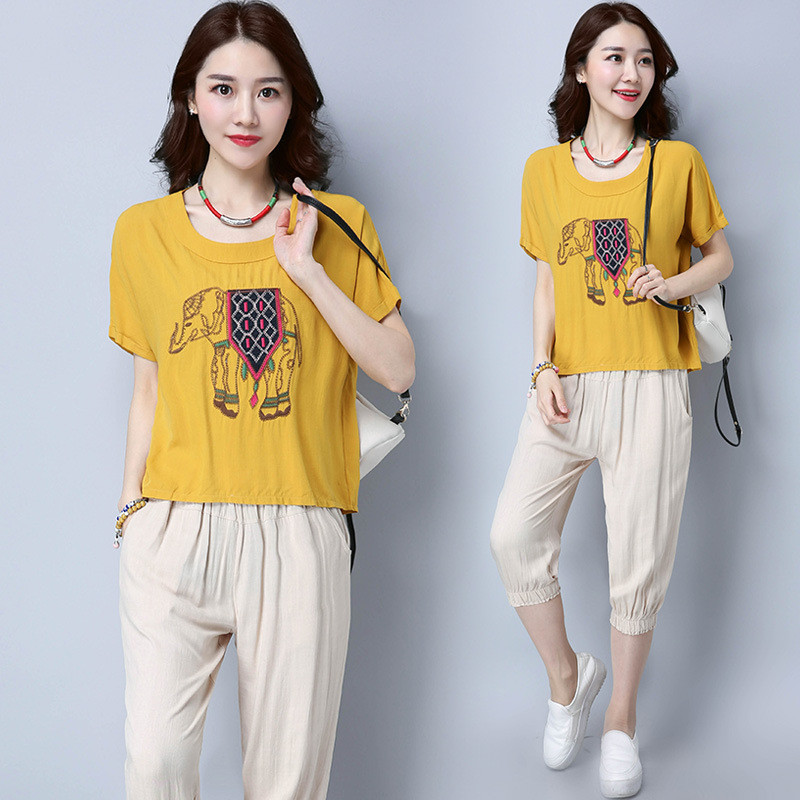 夏装复古绣花套装棉麻透气女装夏装棉麻大码运