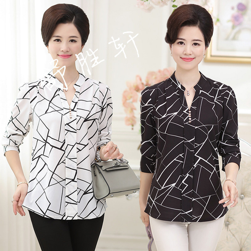 中老年女装夏装长袖衬衫中年人妈妈装衬衣T恤