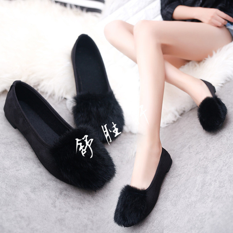 冬季毛毛社会女鞋子豆豆鞋绒面学生黑色百搭加
